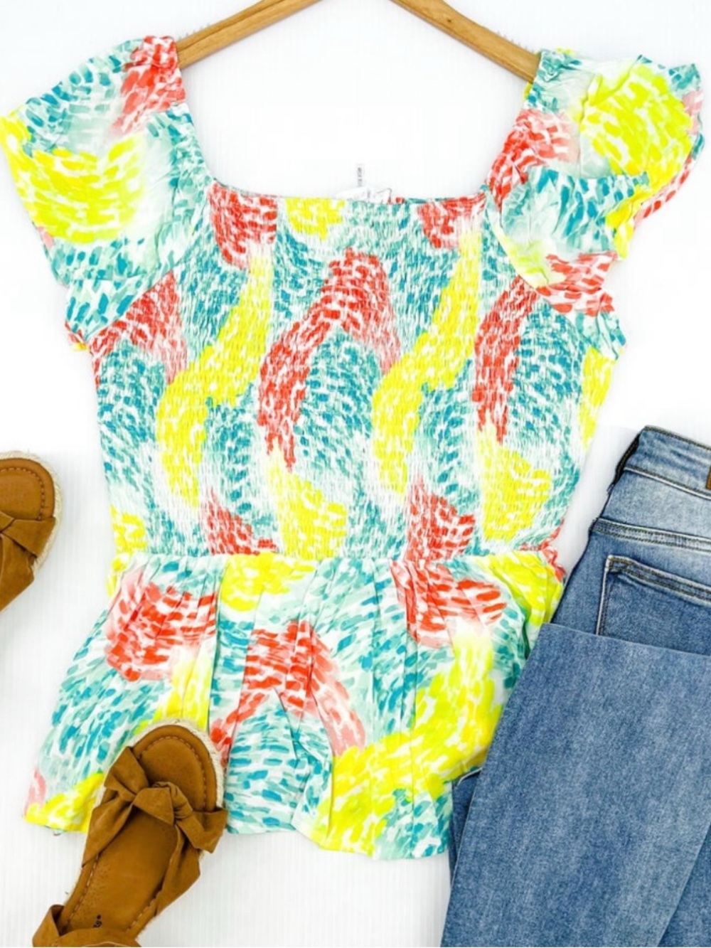 Multicolor Smocked Peplum Blouse - Yellow, Teal & Coral